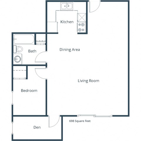 Floor plan for 1 bed, 1 bath, 698 sqft
