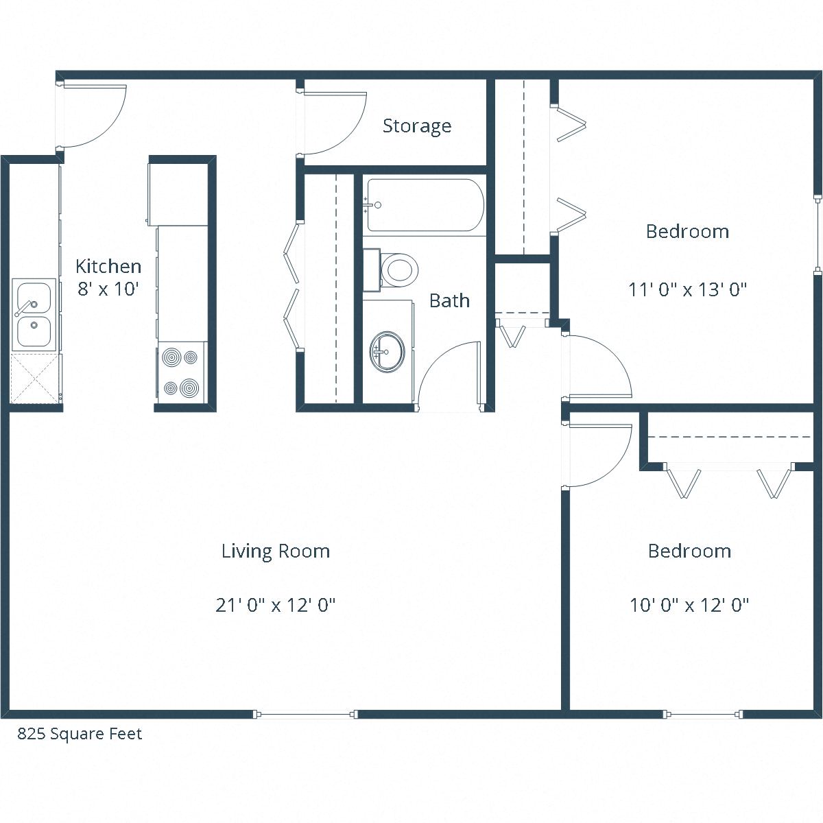 Floor plan for 2 beds, 1 bath, 825 sqft
