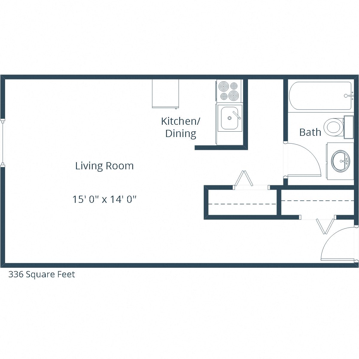 Floor plan for studio, 1 bath, 336 sqft