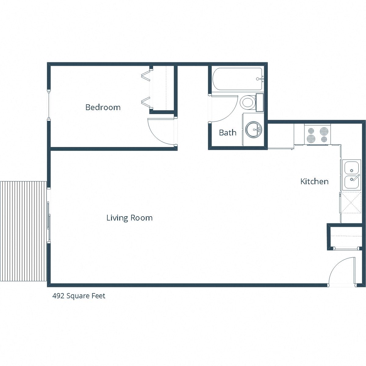 Floor plan for 1 bed, 1 bath, 492 sqft