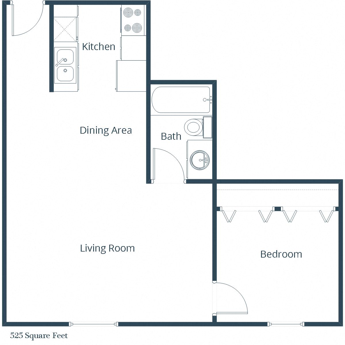 Floor plan for 1 bed, 1 bath, 525 sqft