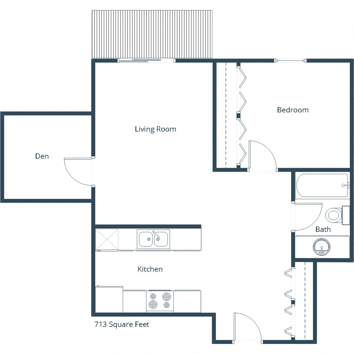 Floor plan for 1 bed, 1 bath, 713 sqft