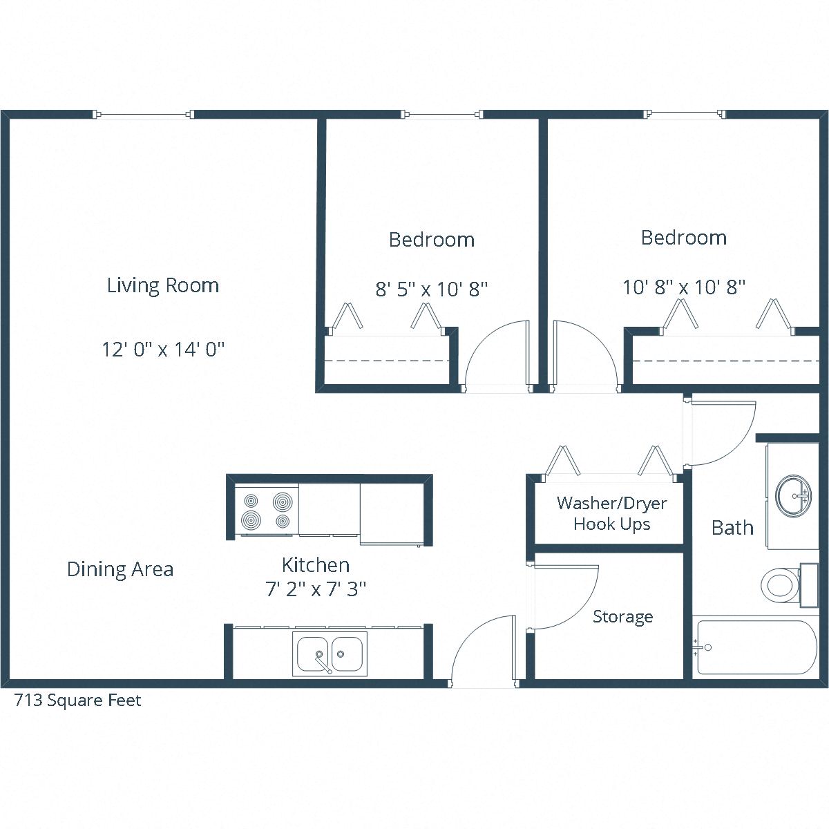 Floor plan for 2 beds, 1 bath, 713 sqft