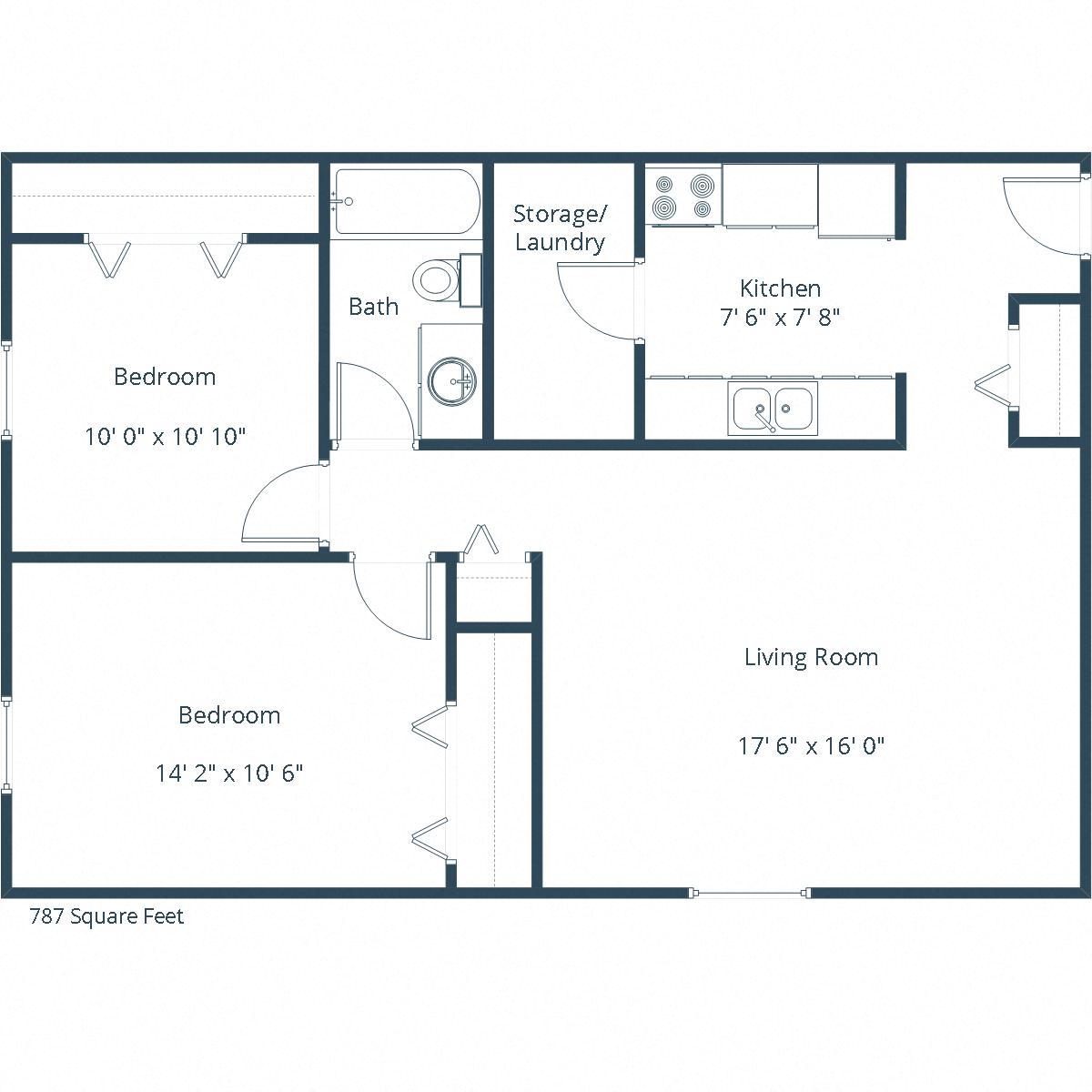 Floor plan for 2 beds, 1 bath, 787 sqft