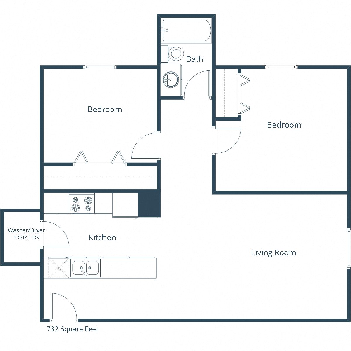 Floor plan for 2 beds, 1 bath, 732 sqft