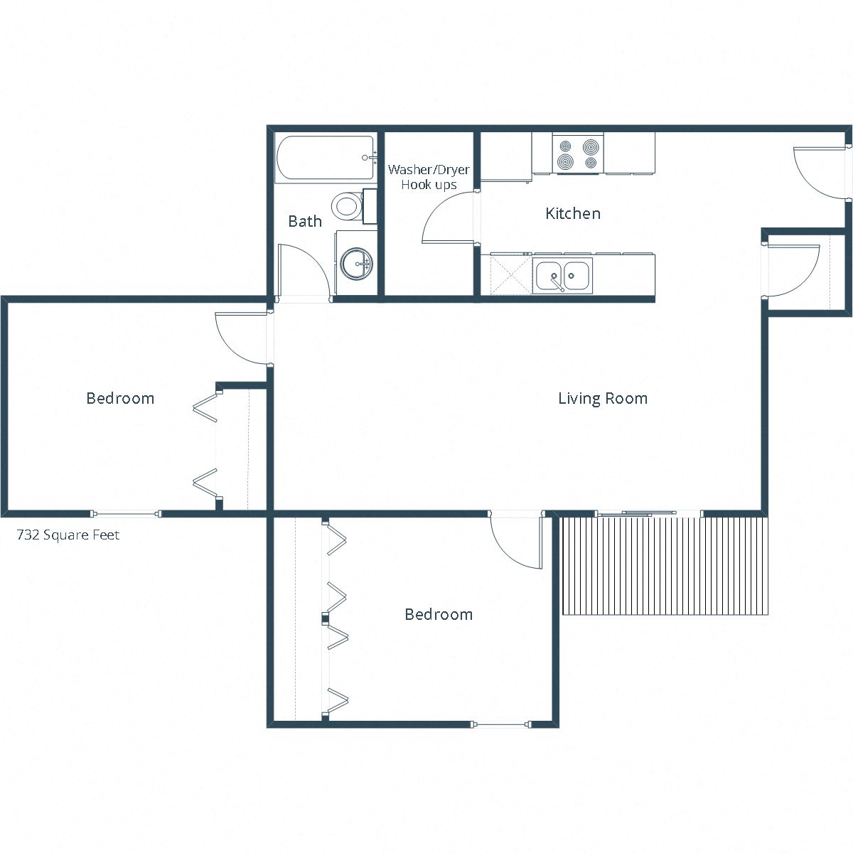 Floor plan for 2 beds, 1 bath, 732 sqft