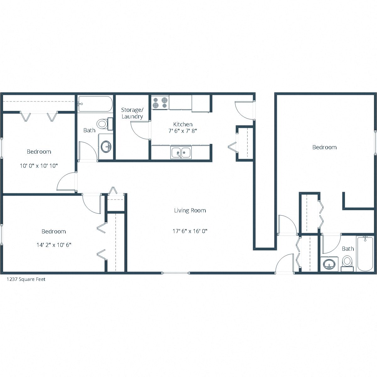 Floor plan for 3 beds, 2 baths, 1237 sqft