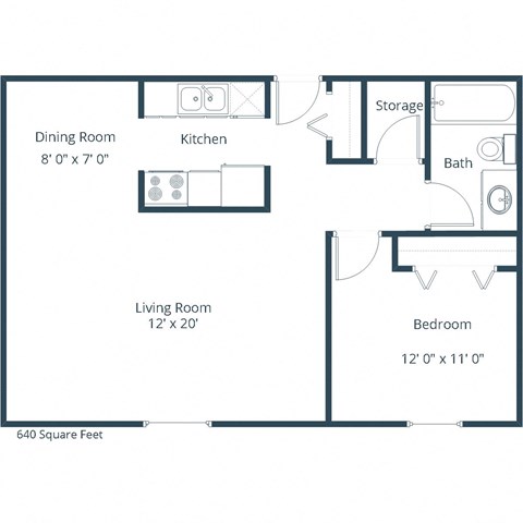 Floor plan for 1 bed, 1 bath, 640 sqft