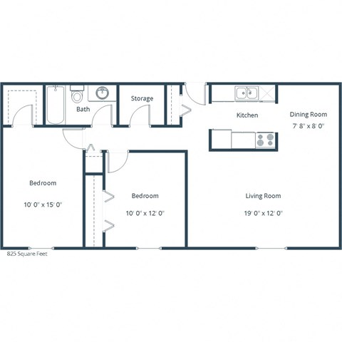Floor plan for 2 beds, 1 bath, 825 sqft