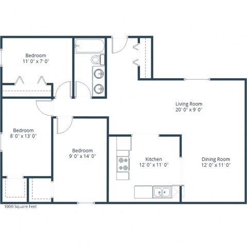 Floor plan for 3 beds, 1 bath, 1000 sqft