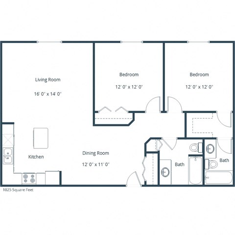 Floor plan for 2 beds, 2 baths, 1025 sqft
