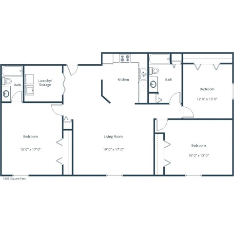 Floor plan for 3 beds, 2 baths, 1406 sqft