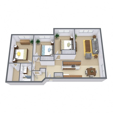 Floor plan for 3 beds, 1 bath, 1100 sqft