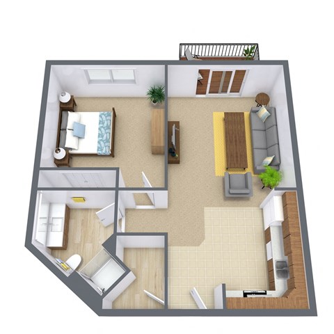 Floor plan for 1 bed, 1 bath, 754 sqft