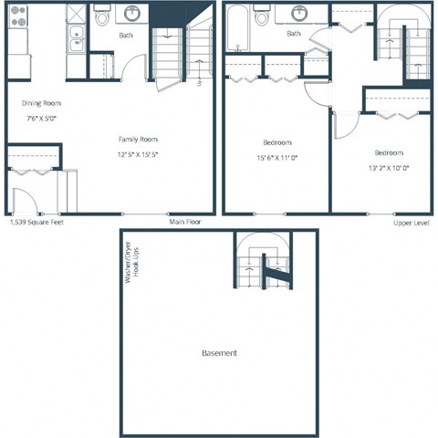 Floor plan for 2 beds, 1.5 baths, 1539 sqft