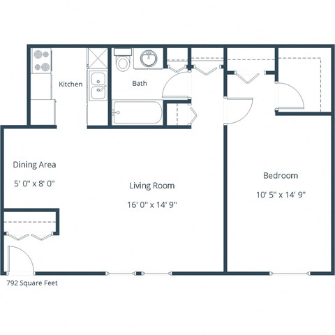 Floor plan for 1 bed, 1 bath, 792 sqft