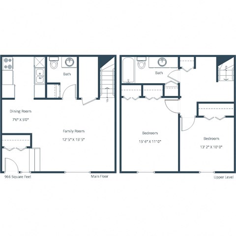 Floor plan for 2 beds, 2 baths, 966 sqft