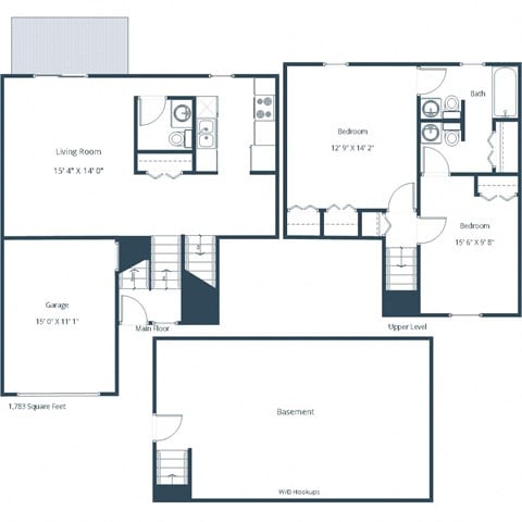 Floor plan for 2 beds, 1.5 baths, 1539 sqft