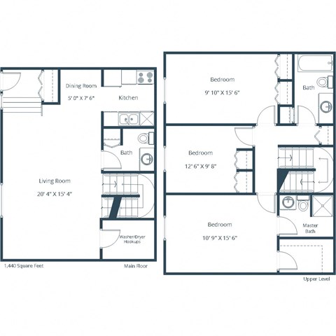 Floor plan for 3 beds, 2 baths, 1440 sqft
