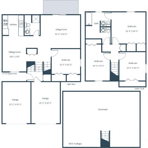 Floor plan for 4 beds, 2 baths, 2173 sqft