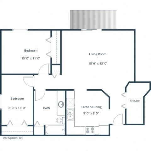 Floor plan for 2 beds, 1 bath, 900 sqft