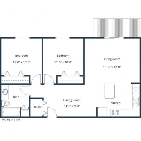 Floor plan for 2 beds, 1 bath, 900 sqft
