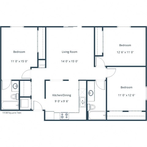 Floor plan for 3 beds, 2 baths, 1150 sqft