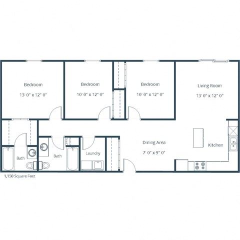 Floor plan for 3 beds, 2 baths, 1150 sqft