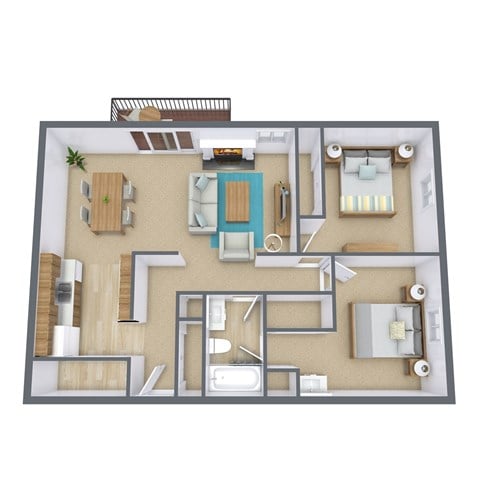 Floor plan for 2 beds, 1.5 baths, 931 sqft