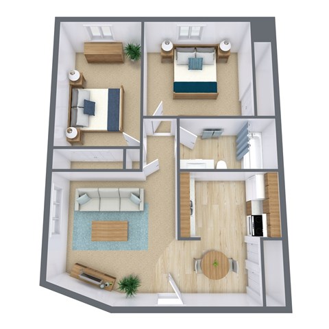 Floor plan for 2 beds, 1 bath, 729 sqft