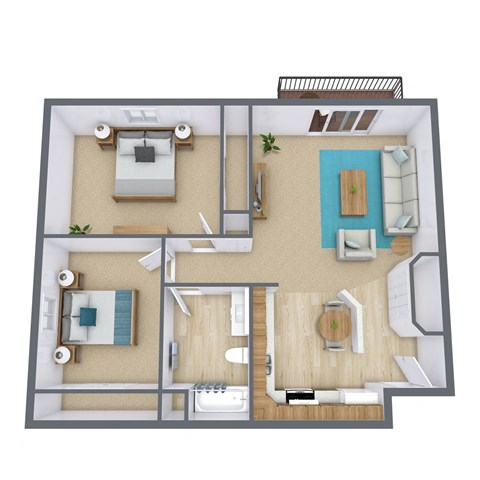 Floor plan for 2 beds, 1 bath, 1000 sqft