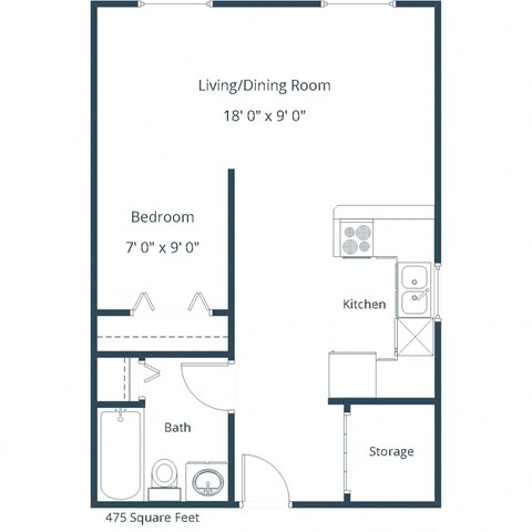 Floor plan for studio, 1 bath, 475 sqft