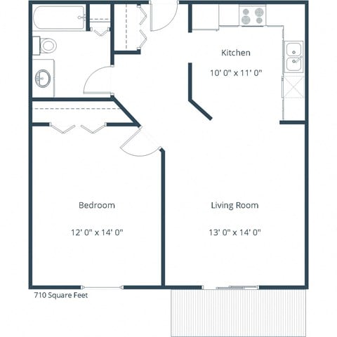 Floor plan for 1 bed, 1 bath, 710 sqft