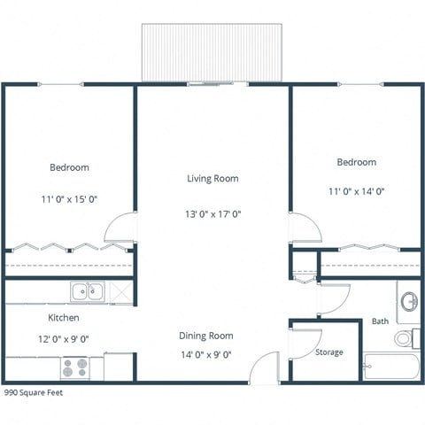 Floor plan for 2 beds, 1 bath, 990 sqft