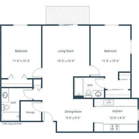 Floor plan for 2 beds, 2 baths, 1095 sqft