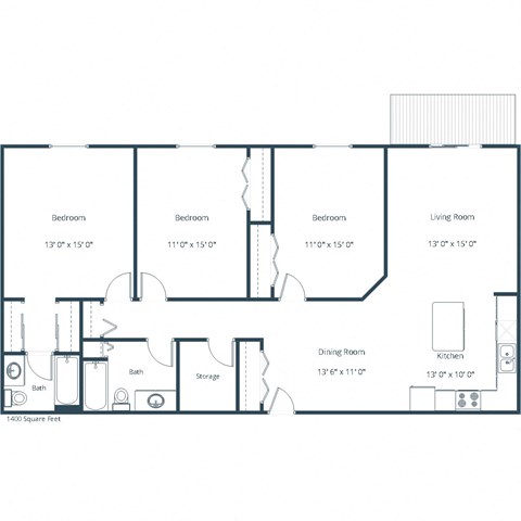 Floor plan for 3 beds, 2 baths, 1400 sqft