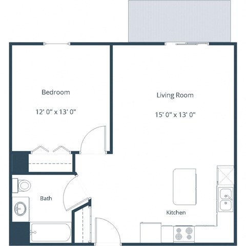 Floor plan for 1 bed, 1 bath, 725 sqft