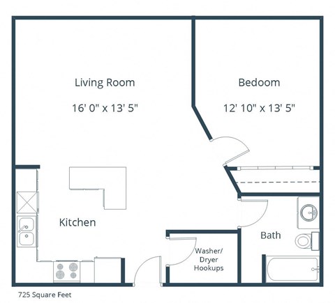 Floor plan for 1 bed, 1 bath, 725 sqft