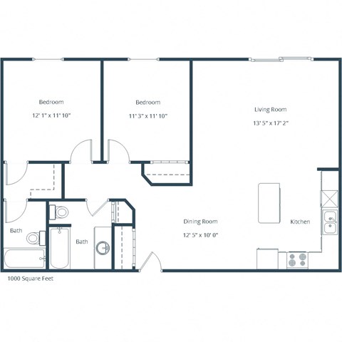 Floor plan for 2 beds, 2 baths, 1000 sqft