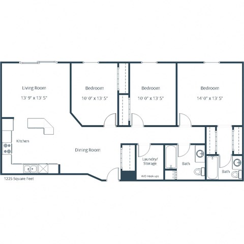 Floor plan for 3 beds, 2 baths, 1225 sqft