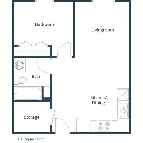 Floor plan for 1 bed, 1 bath, 635 sqft