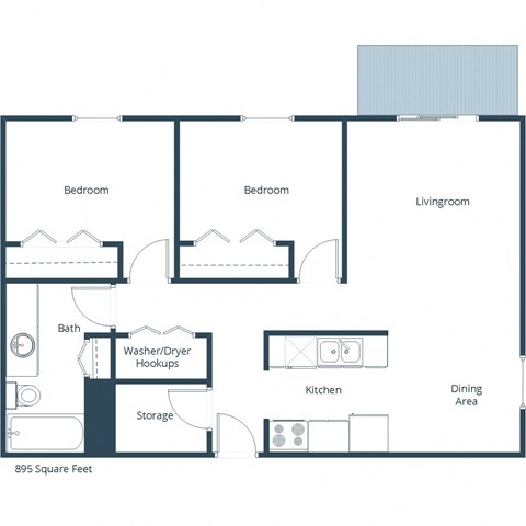 Floor plan for 2 beds, 1 bath, 895 sqft