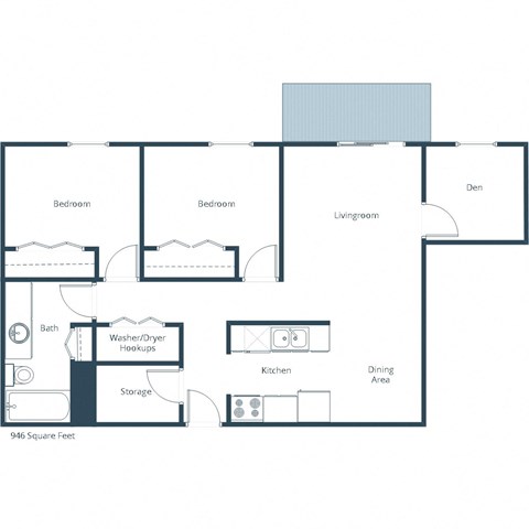 Floor plan for 2 beds, 1 bath, 946 sqft