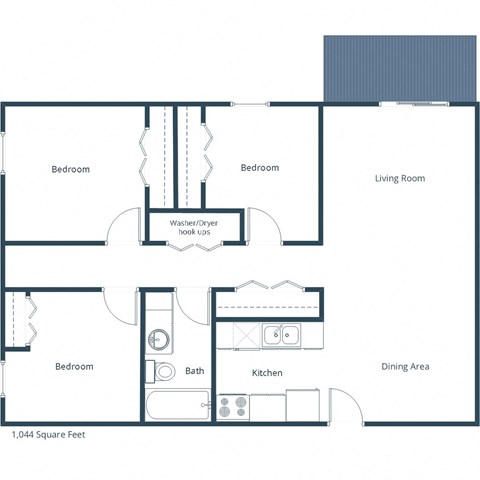 Floor plan for 3 beds, 1 bath, 1044 sqft