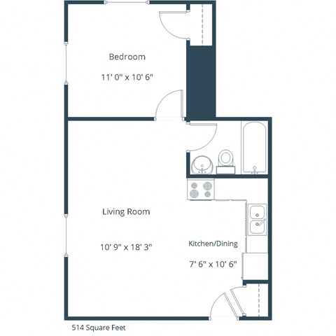 Floor plan for 1 bed, 1 bath, 514 sqft