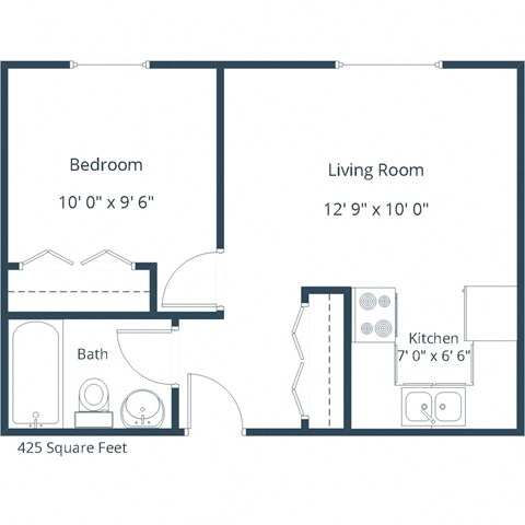 Floor plan for 1 bed, 1 bath, 290 sqft