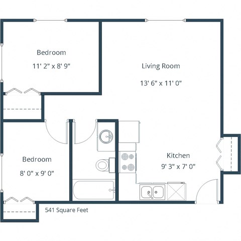 Floor plan for 2 beds, 1 bath, 541 sqft
