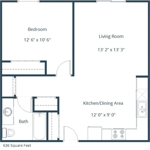 Floor plan for 1 bed, 1 bath, 700 sqft