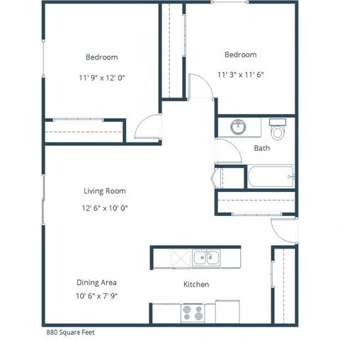 Floor plan for 2 beds, 1 bath, 880 sqft