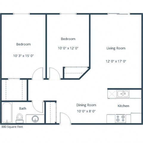 Floor plan for 2 beds, 1 bath, 880 sqft